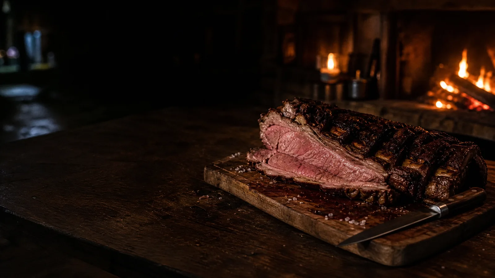 Côte de bœuf tranchée sur une planche de bois, croûte sombre et intérieur rosé