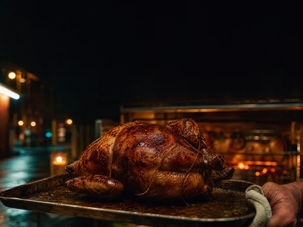 Poulet entier doré sortant de la rôtissoire, ficelle encore nouée